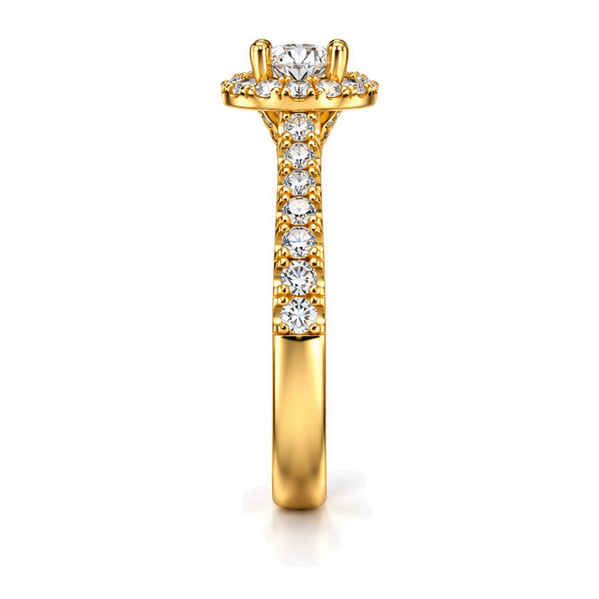 Round moissanite halo pavé engagement ring, side view