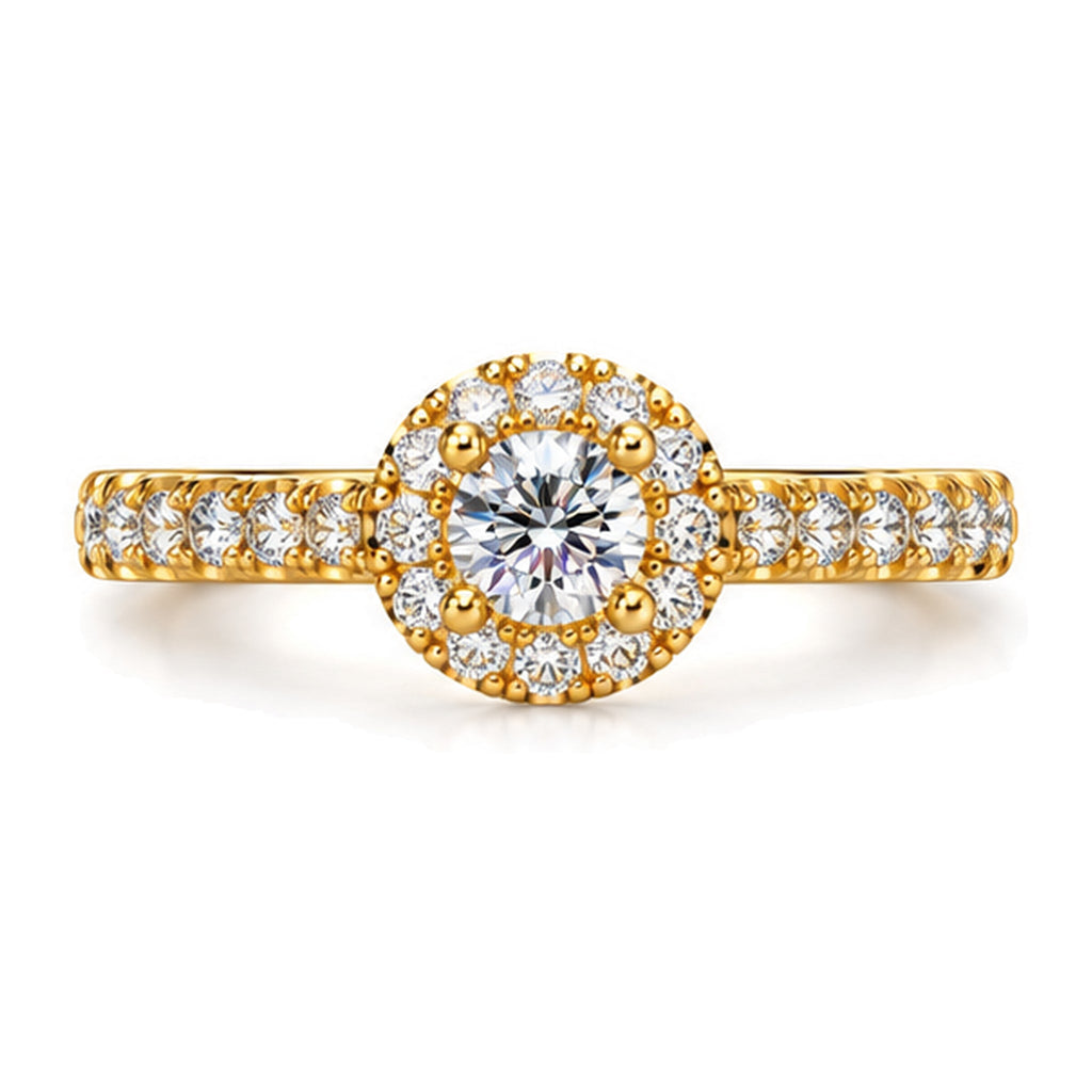 Round moissanite halo pavé engagement ring, top view