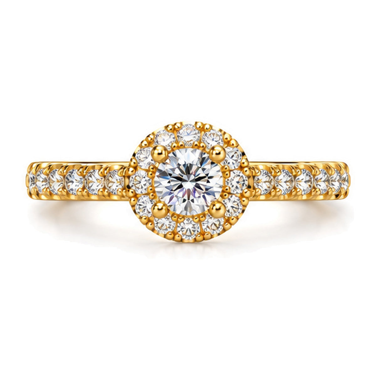 Round moissanite halo pavé engagement ring, top view