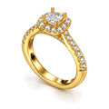Cushion moissanite halo pavé engagement ring, angled view