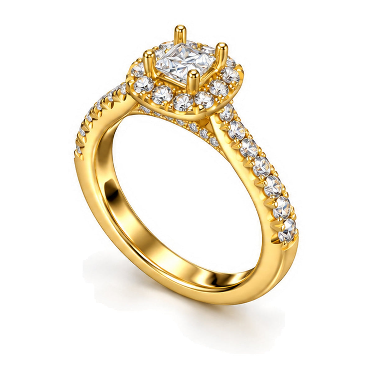 Cushion moissanite halo pavé engagement ring, angled view