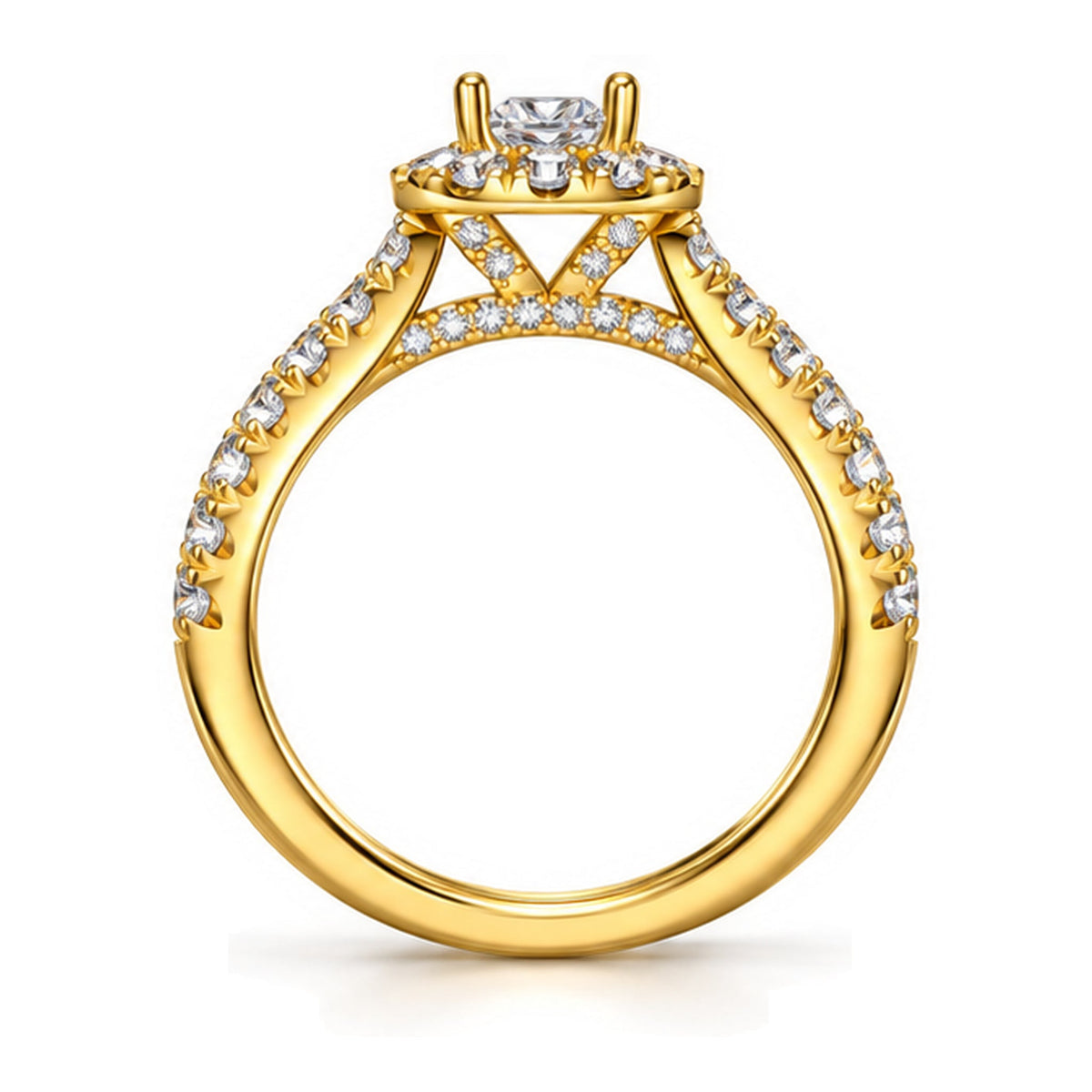 Cushion moissanite halo pavé engagement ring, front view