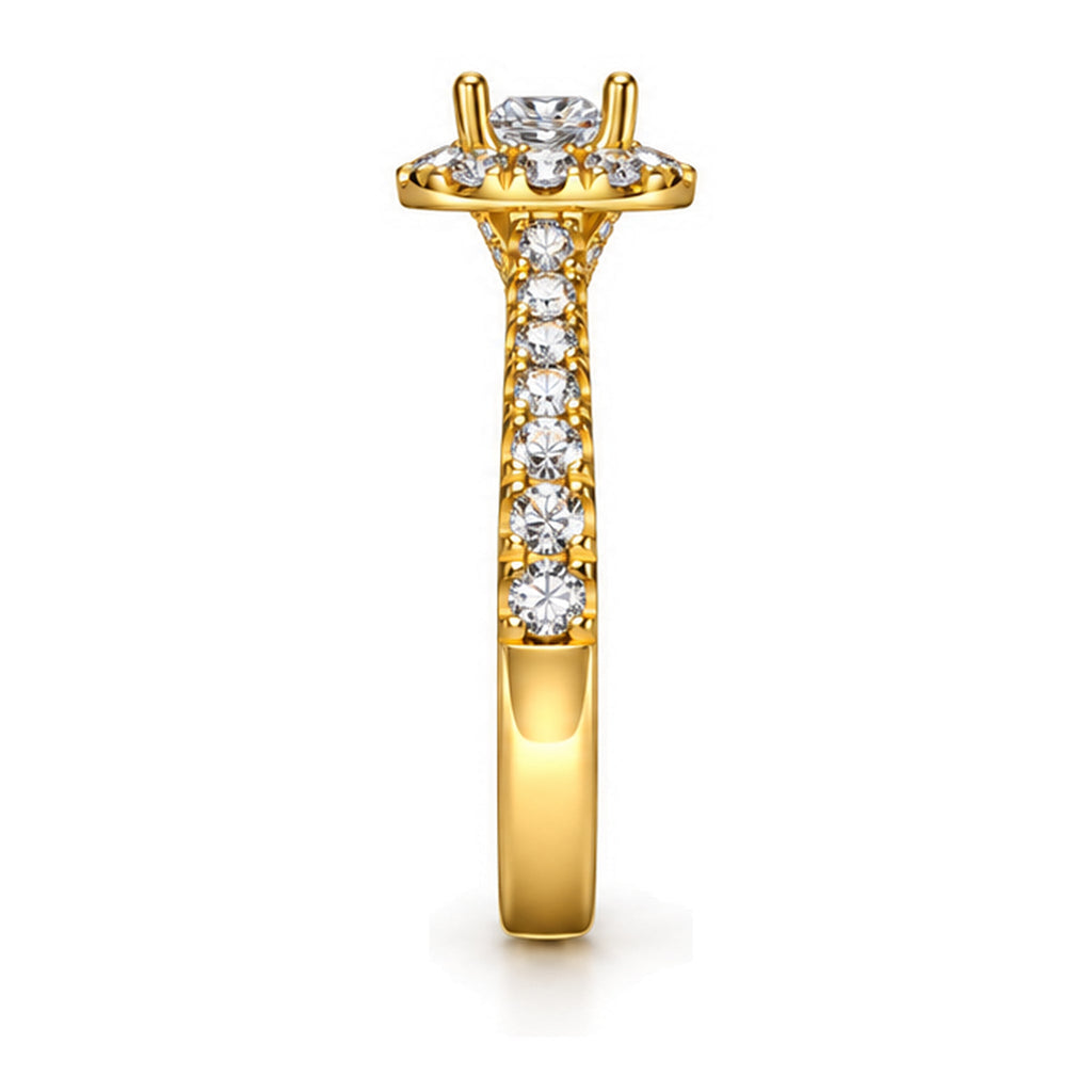 Cushion moissanite halo pavé engagement ring, side view