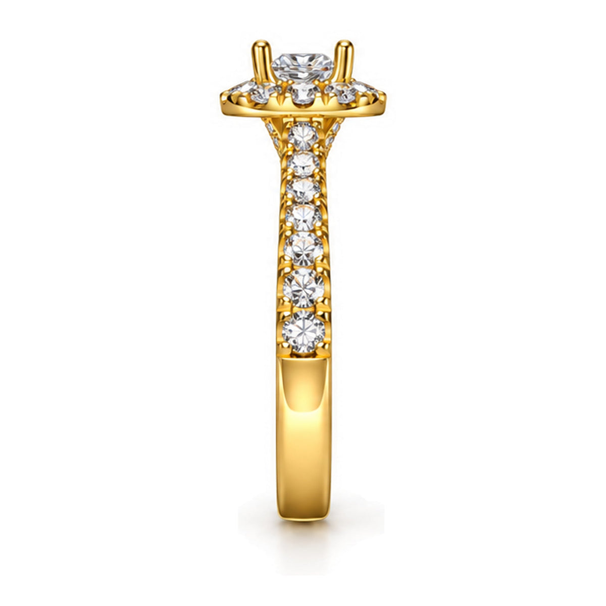 Cushion moissanite halo pavé engagement ring, side view