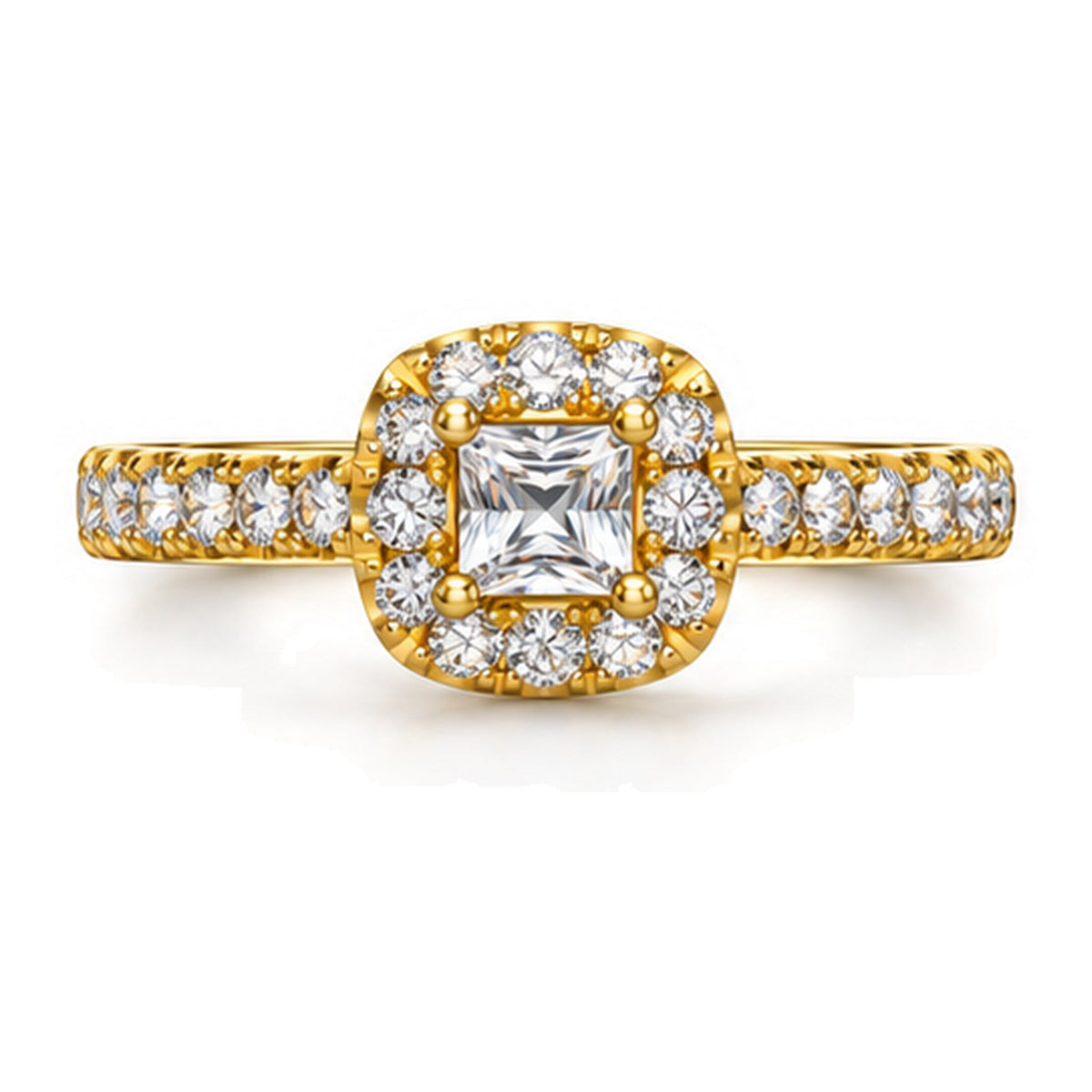 Cushion moissanite halo pavé engagement ring, top view