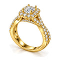 Cushion moissanite halo twisted shank engagement ring, angled view