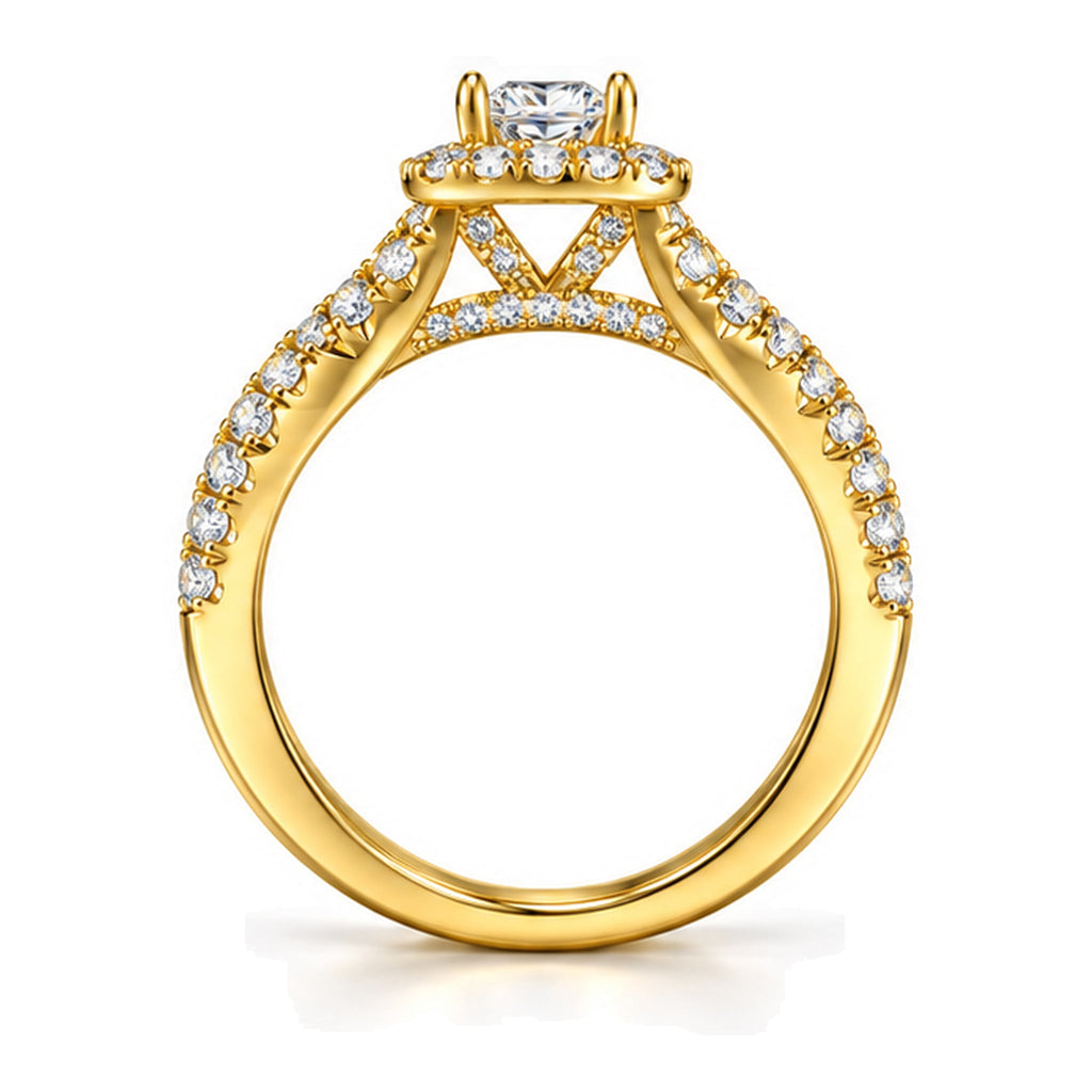Cushion moissanite halo twisted shank engagement ring, front view
