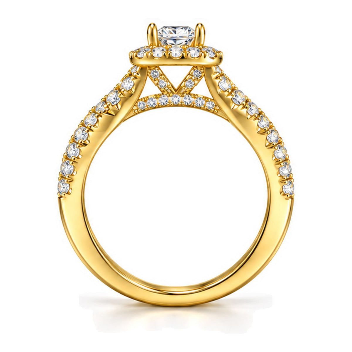 Cushion moissanite halo twisted shank engagement ring, front view