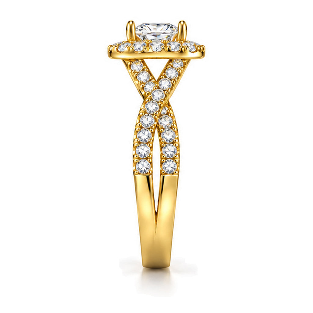 Cushion moissanite halo twisted shank engagement ring, side view