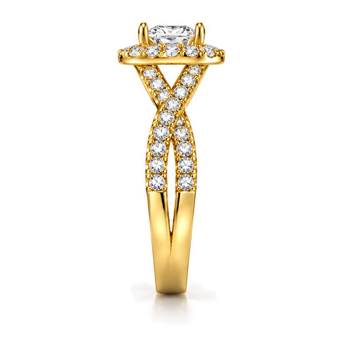 Cushion moissanite halo twisted shank engagement ring, side view