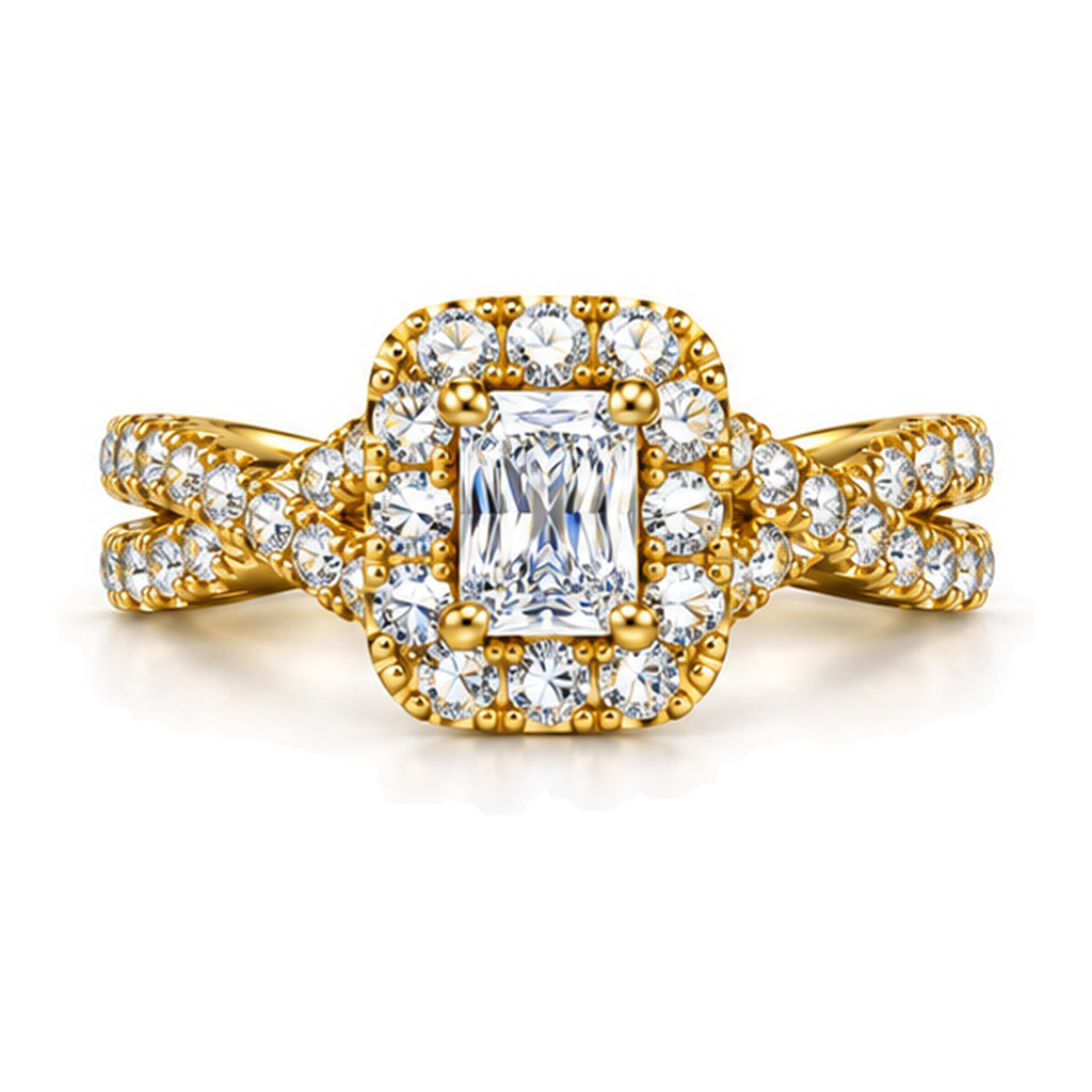 Cushion Moissanite Halo Twisted Shank Engagement Ring — 925 Sterling Silver, 18K Gold Plated