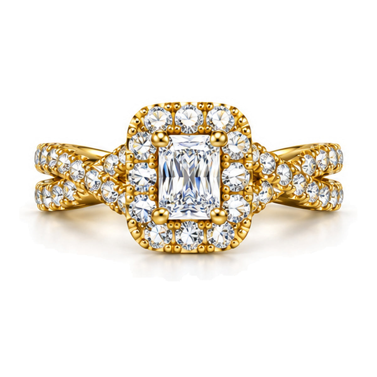 Cushion Moissanite Halo Twisted Shank Engagement Ring — 925 Sterling Silver, 18K Gold Plated