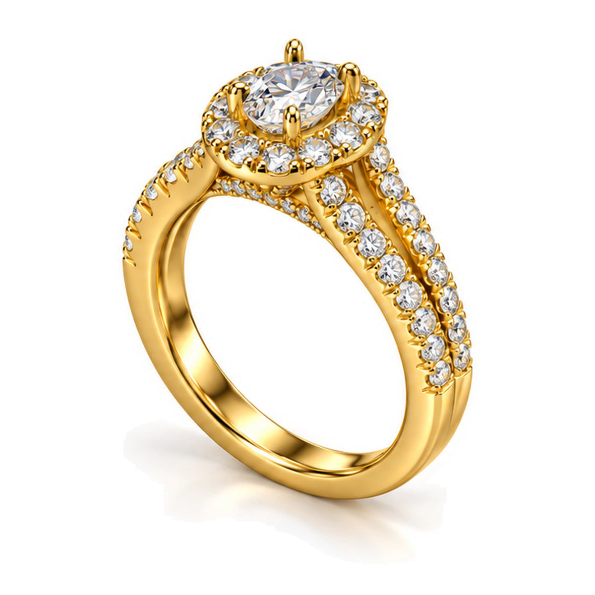 Oval Moissanite Halo Split Shank Engagement Ring — 925 Sterling Silver, 18K Gold Plated