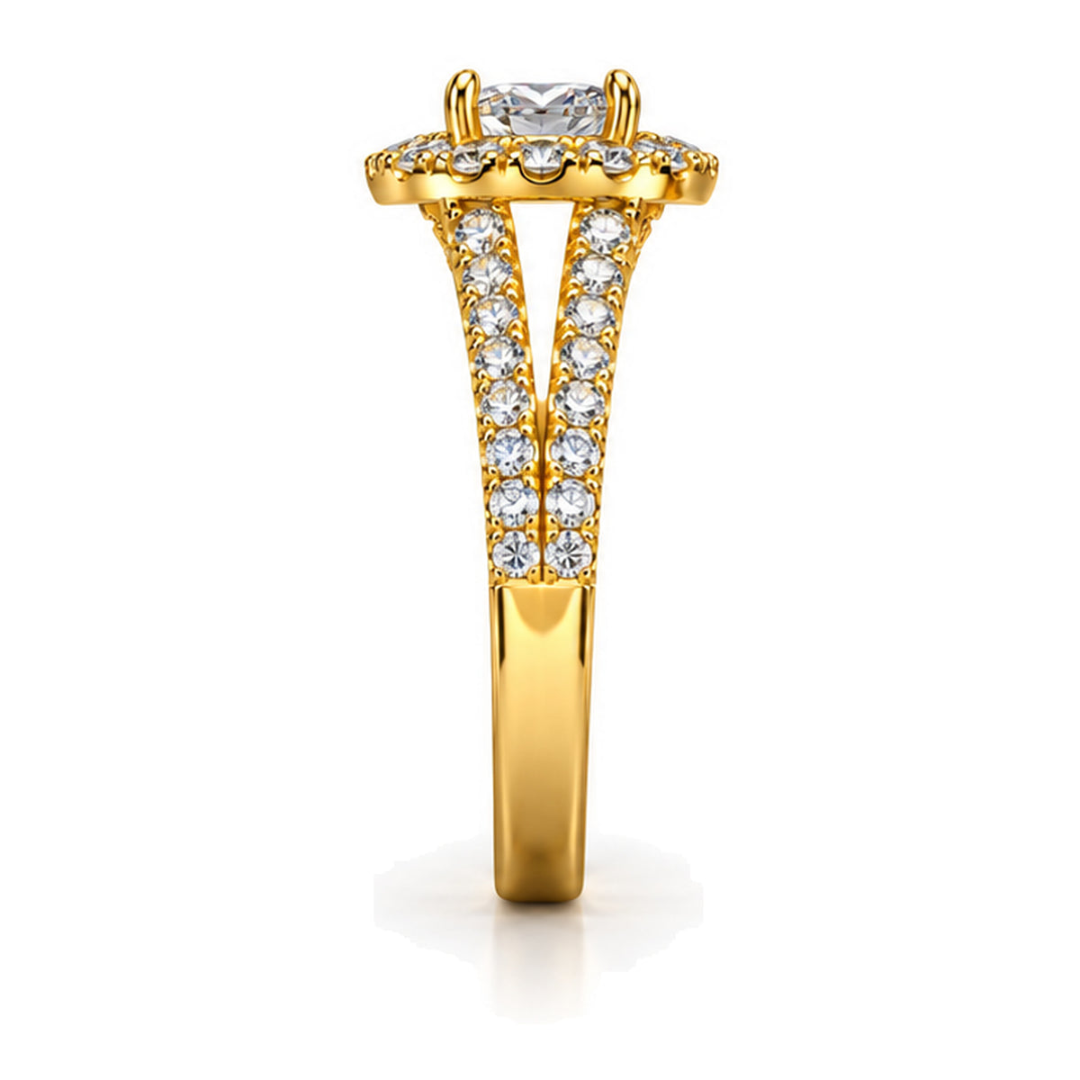 Oval Moissanite Halo Split Shank Engagement Ring — 925 Sterling Silver, 18K Gold Plated