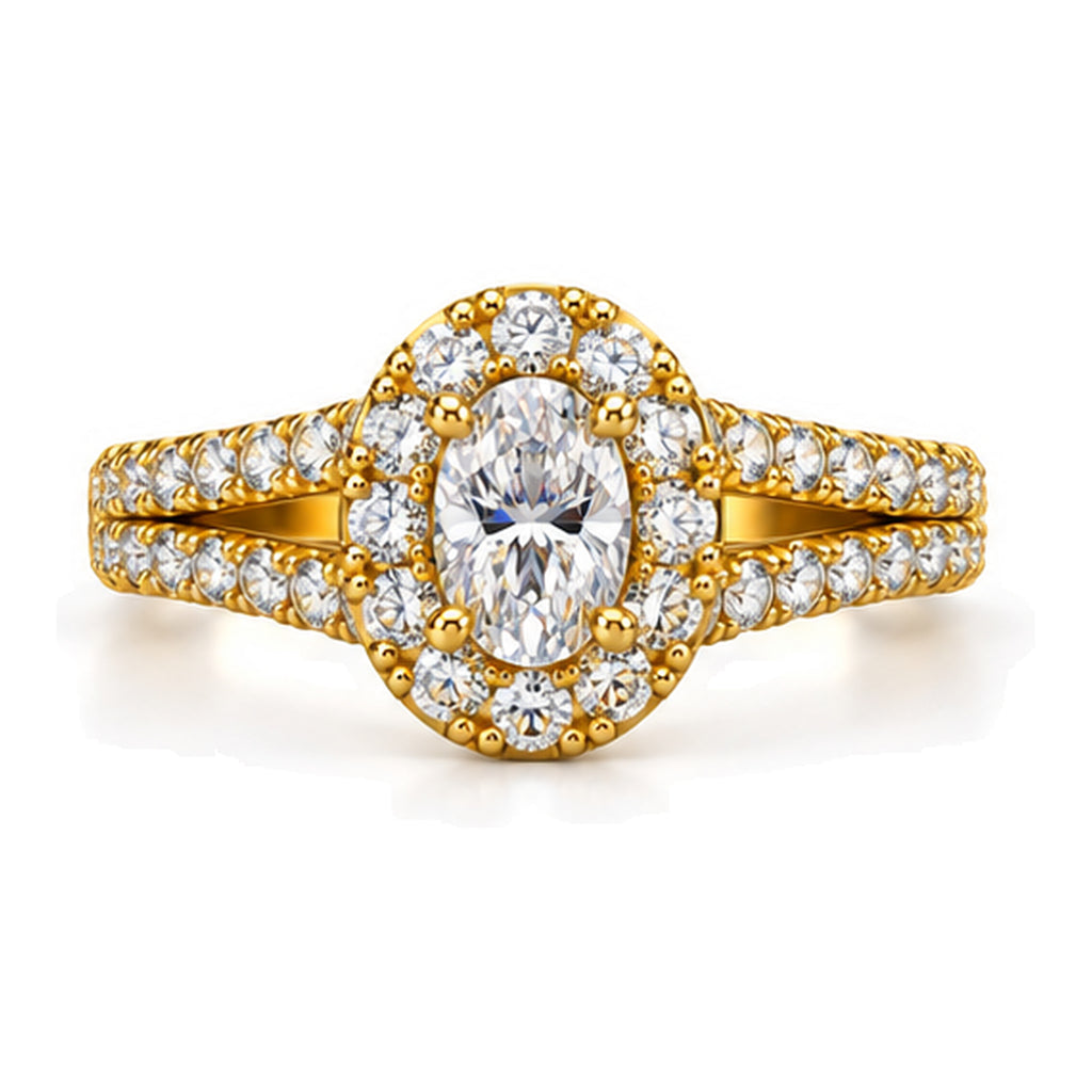 Oval Moissanite Halo Split Shank Engagement Ring — 925 Sterling Silver, 18K Gold Plated