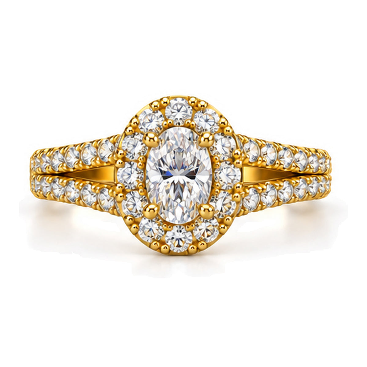 Oval Moissanite Halo Split Shank Engagement Ring — 925 Sterling Silver, 18K Gold Plated