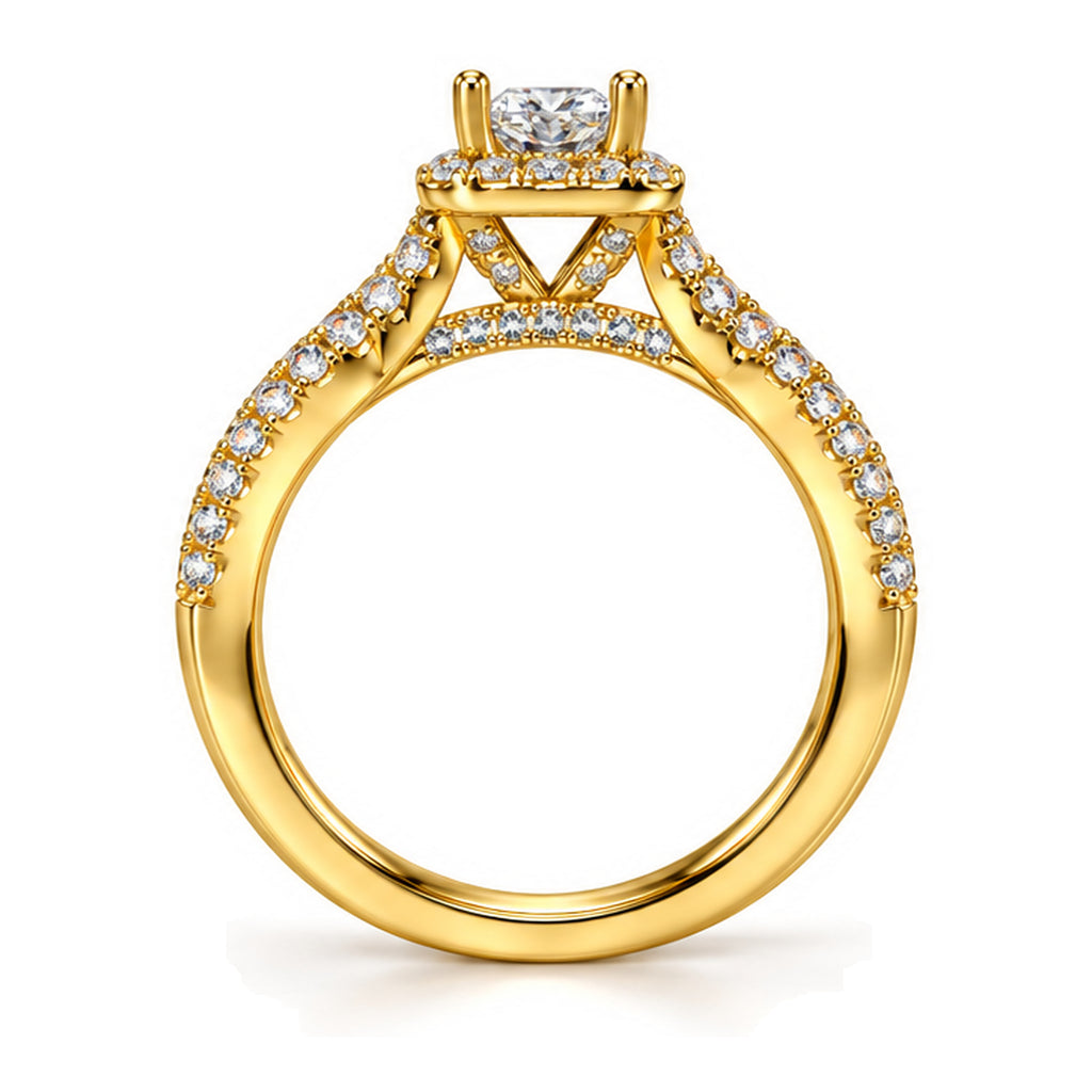 Princess Cut Moissanite Halo Split Shank Engagement Ring — 925 Sterling Silver, 18K Gold Plated