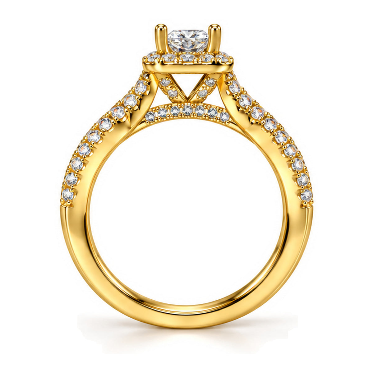 Princess Cut Moissanite Halo Split Shank Engagement Ring — 925 Sterling Silver, 18K Gold Plated