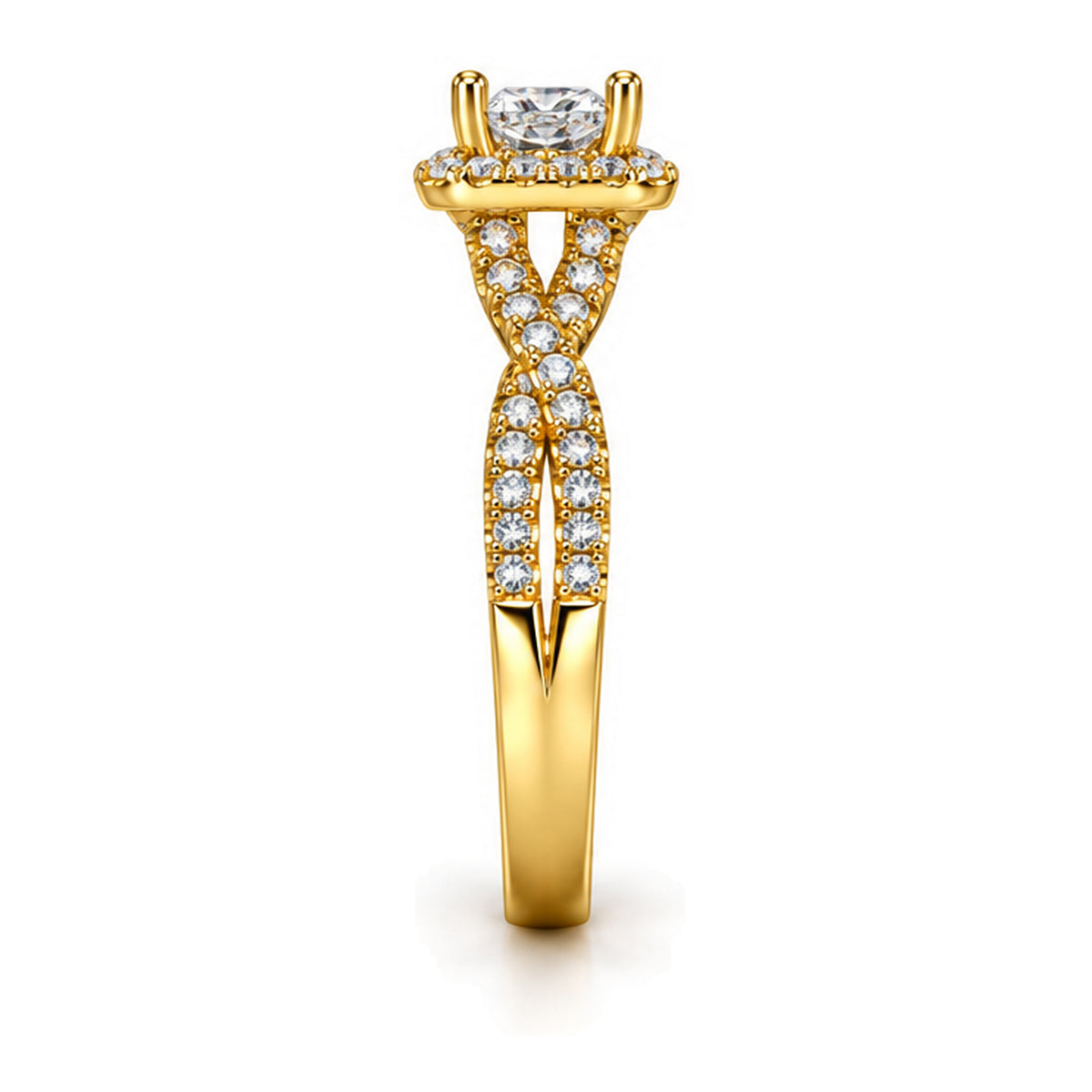 Princess Cut Moissanite Halo Split Shank Engagement Ring — 925 Sterling Silver, 18K Gold Plated