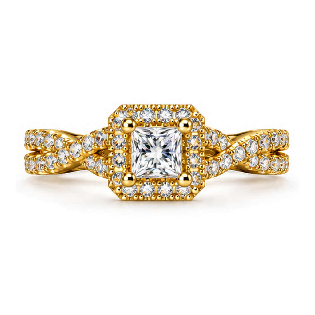 Princess Cut Moissanite Halo Split Shank Engagement Ring — 925 Sterling Silver, 18K Gold Plated