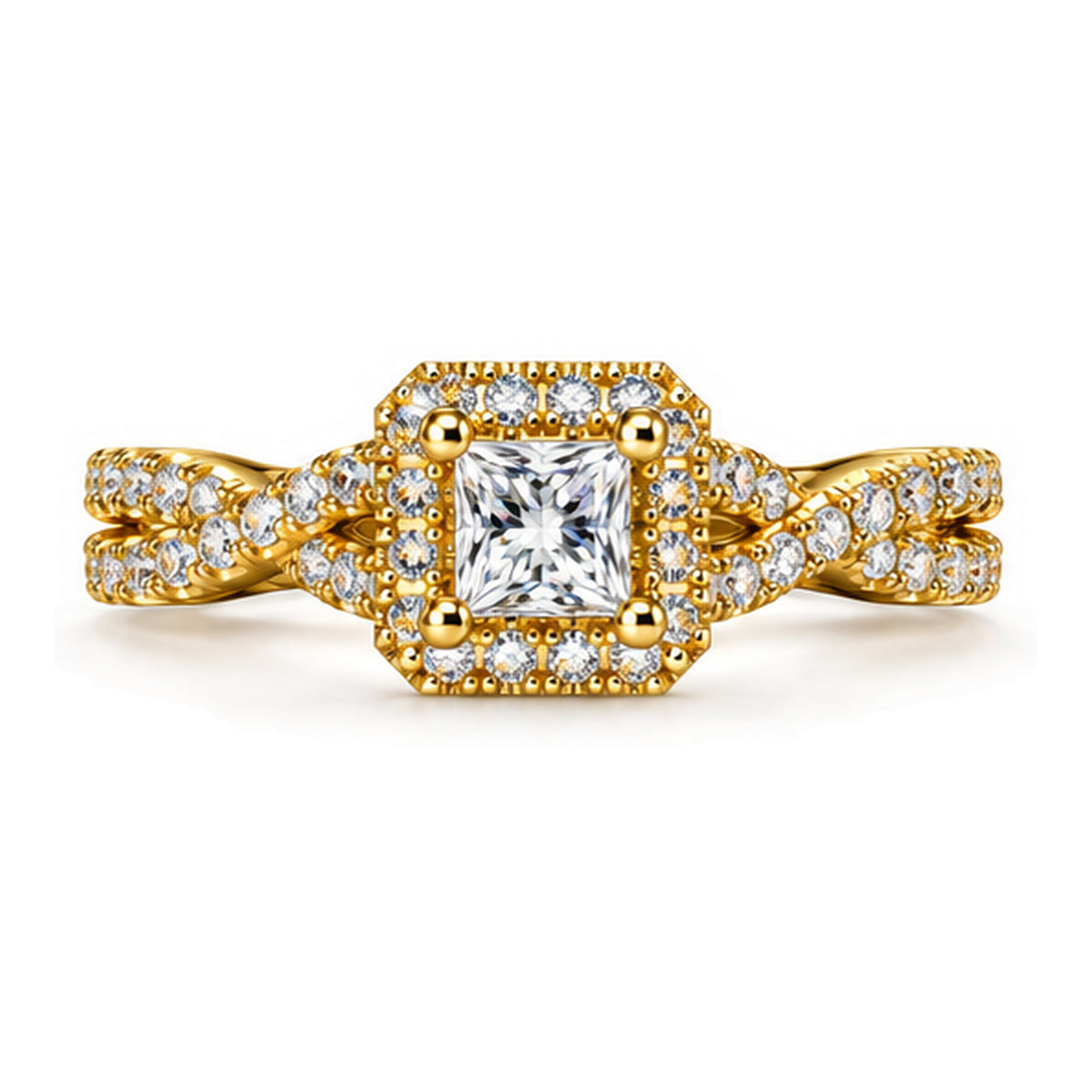 Princess Cut Moissanite Halo Split Shank Engagement Ring — 925 Sterling Silver, 18K Gold Plated