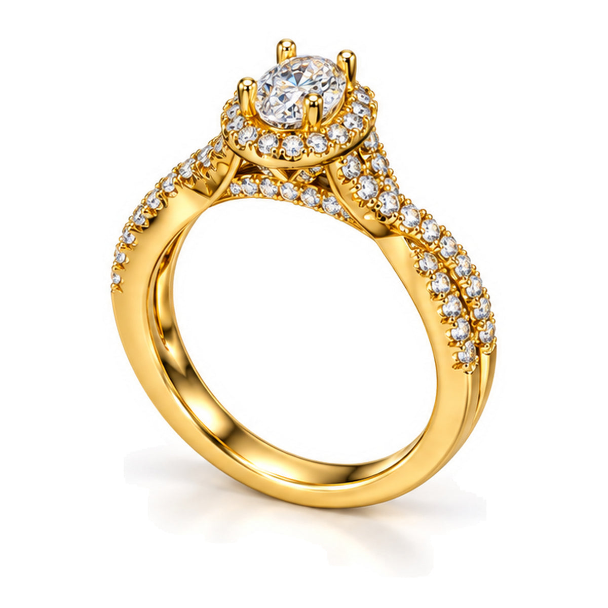 Oval Moissanite Halo Crossover Shank Engagement Ring — 925 Sterling Silver, 18K Gold Plated