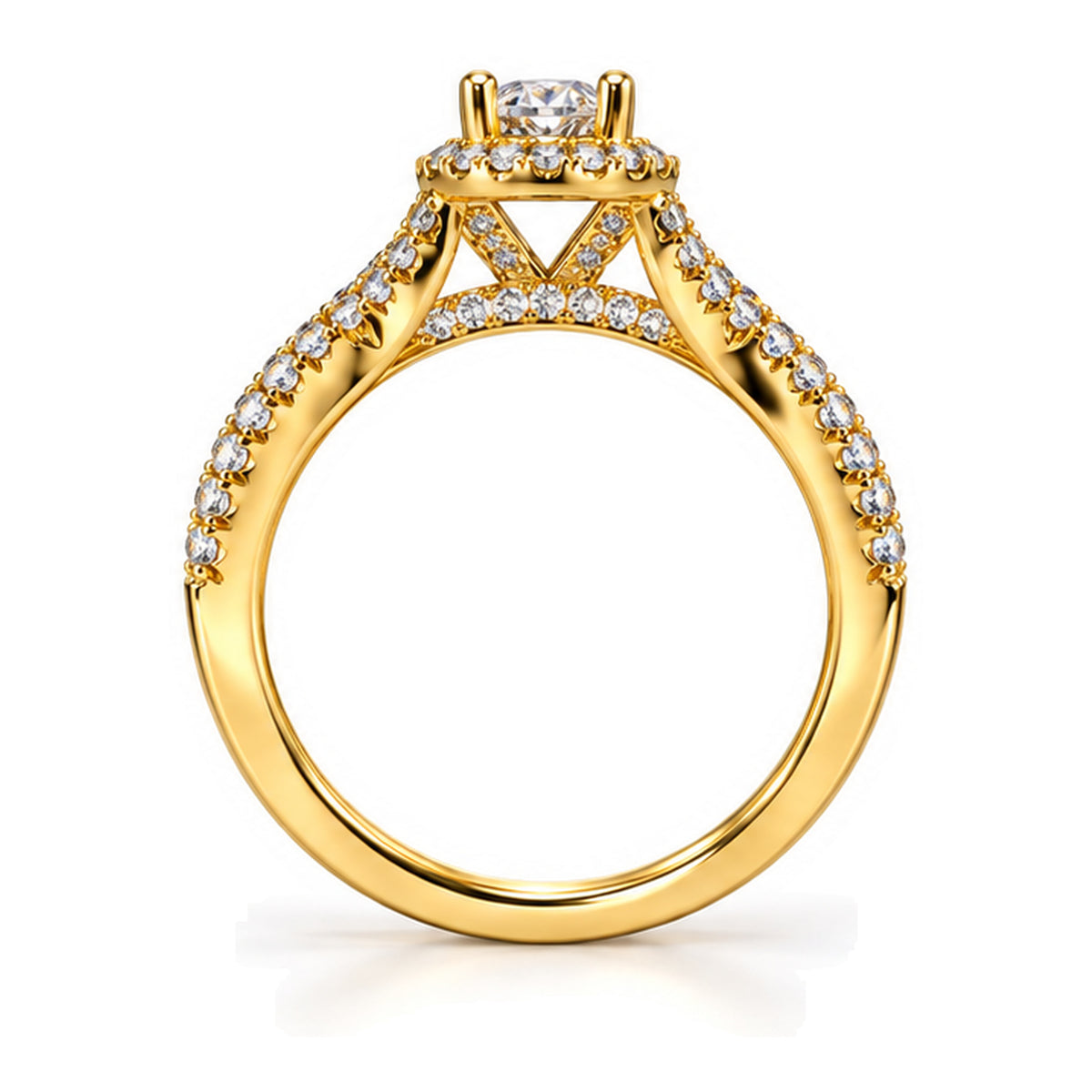 Oval Moissanite Halo Crossover Shank Engagement Ring — 925 Sterling Silver, 18K Gold Plated