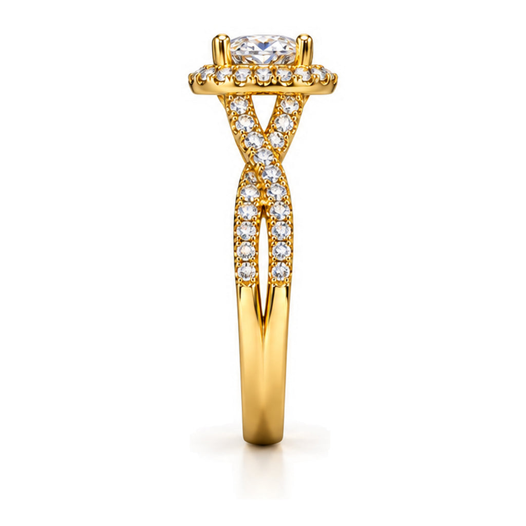 Oval Moissanite Halo Crossover Shank Engagement Ring — 925 Sterling Silver, 18K Gold Plated
