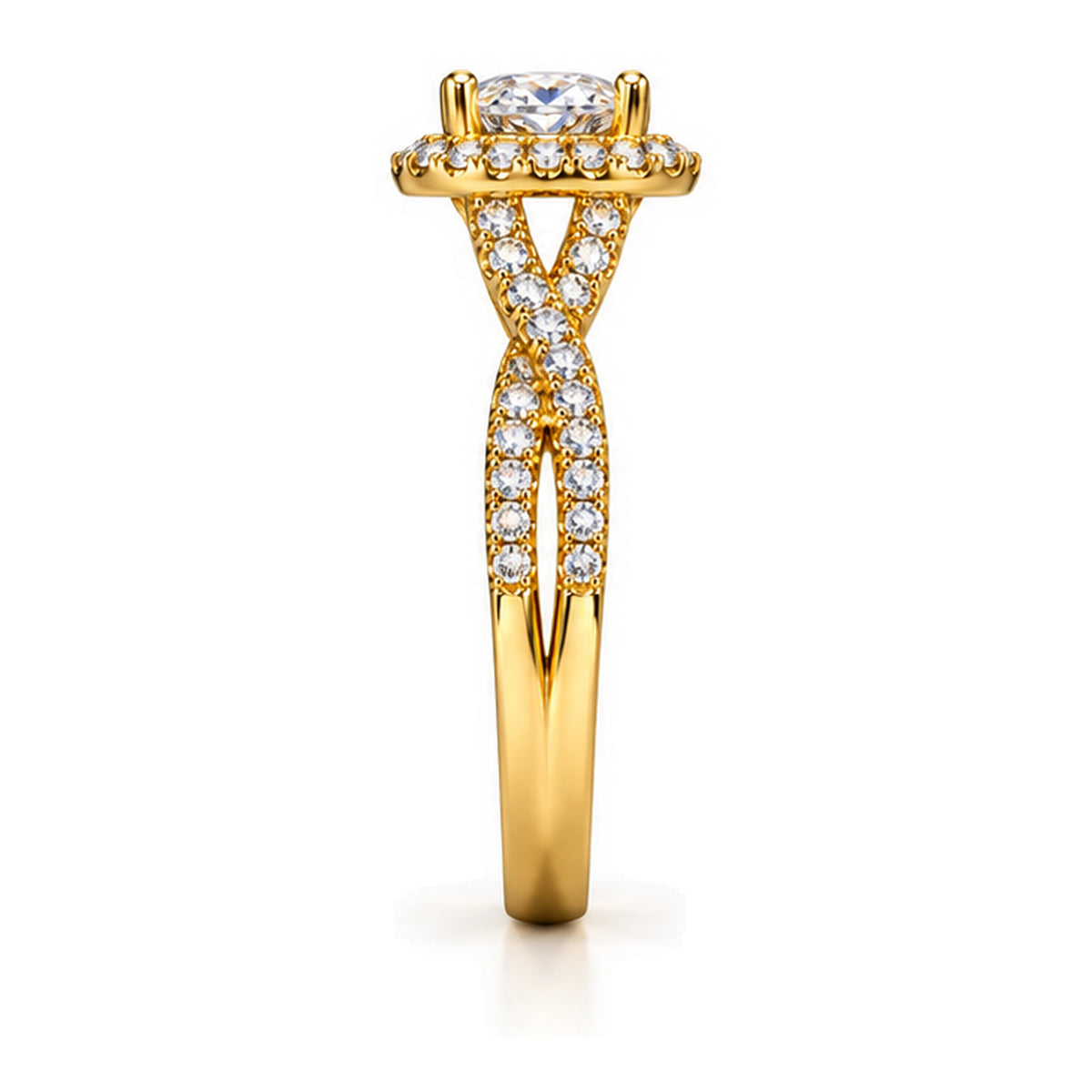 Oval Moissanite Halo Crossover Shank Engagement Ring — 925 Sterling Silver, 18K Gold Plated