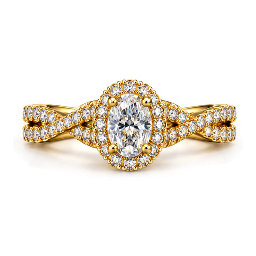 Oval Moissanite Halo Crossover Shank Engagement Ring — 925 Sterling Silver, 18K Gold Plated
