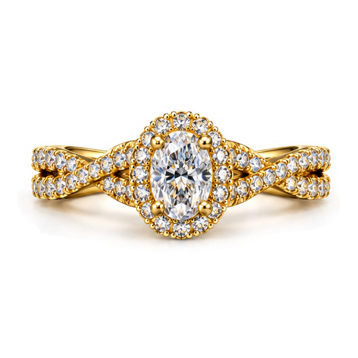 Oval Moissanite Halo Crossover Shank Engagement Ring — 925 Sterling Silver, 18K Gold Plated