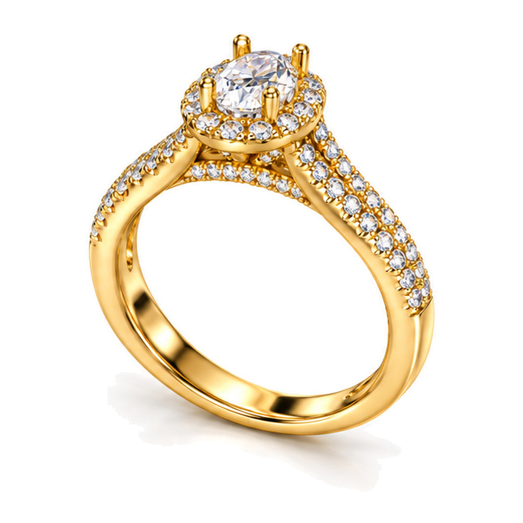 Oval Moissanite Halo Pavé Engagement Ring — 925 Sterling Silver, 18K Gold Plated