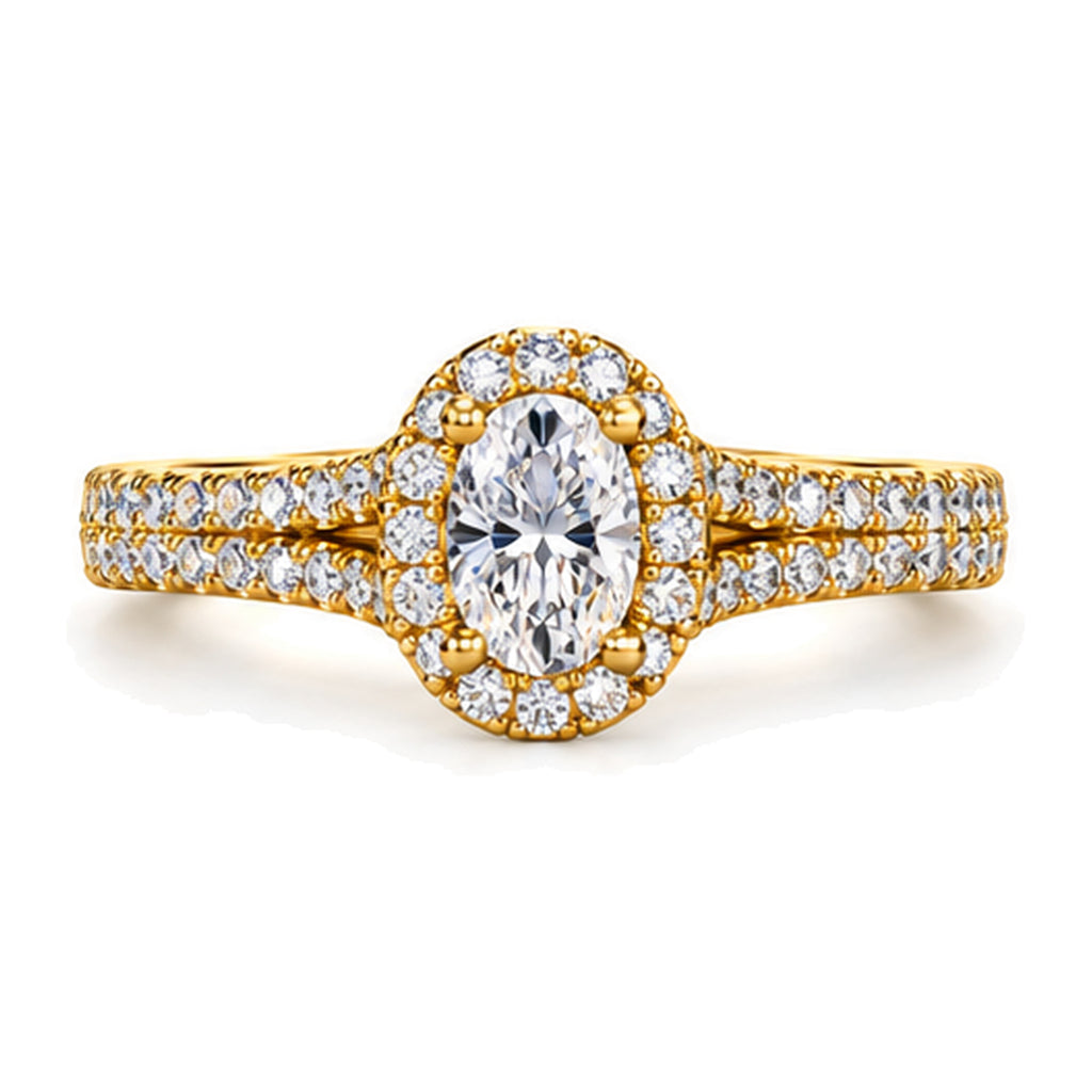 Oval Moissanite Halo Pavé Engagement Ring — 925 Sterling Silver, 18K Gold Plated