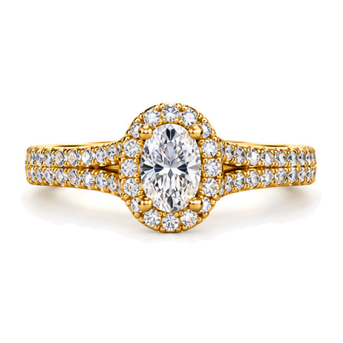 Oval Moissanite Halo Pavé Engagement Ring — 925 Sterling Silver, 18K Gold Plated