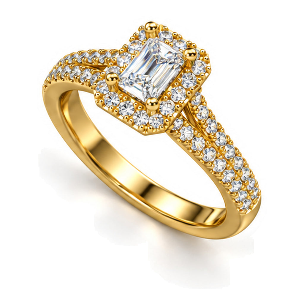 Emerald Cut Moissanite Halo Split Shank Engagement Ring — 925 Sterling Silver, 18K Gold Plated