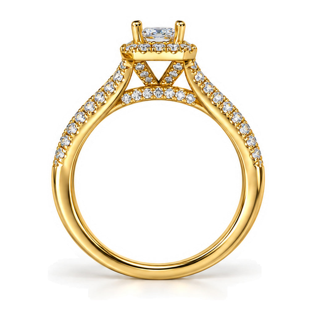 Emerald Cut Moissanite Halo Split Shank Engagement Ring — 925 Sterling Silver, 18K Gold Plated