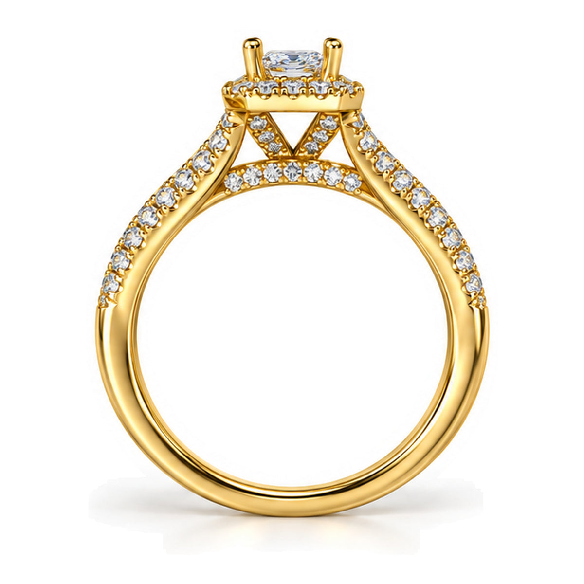 Emerald Cut Moissanite Halo Split Shank Engagement Ring — 925 Sterling Silver, 18K Gold Plated
