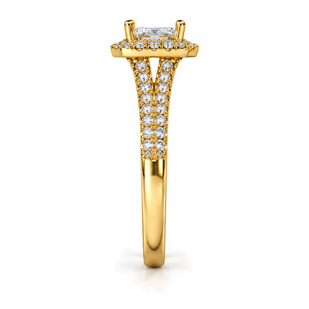 Emerald Cut Moissanite Halo Split Shank Engagement Ring — 925 Sterling Silver, 18K Gold Plated