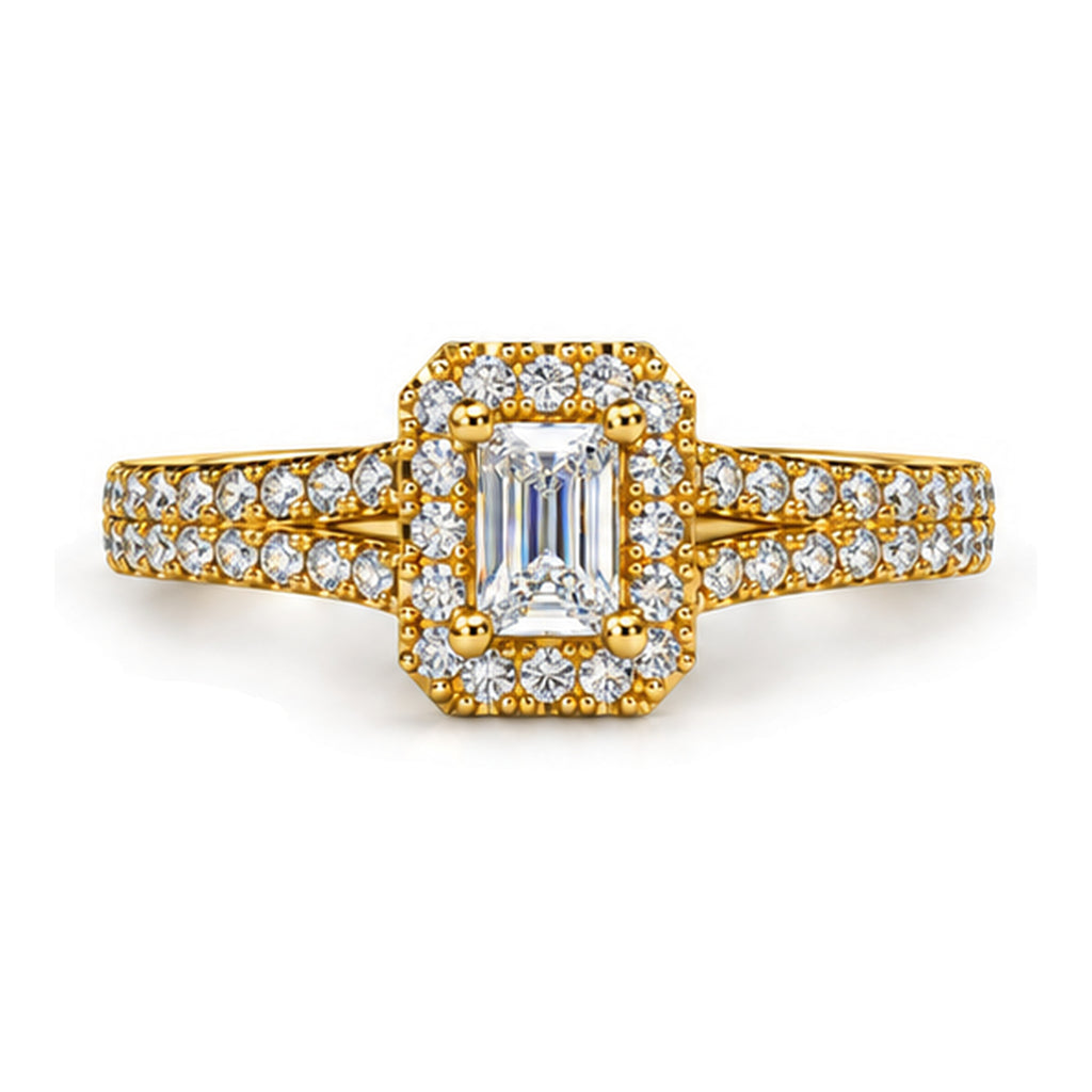 Emerald Cut Moissanite Halo Split Shank Engagement Ring — 925 Sterling Silver, 18K Gold Plated