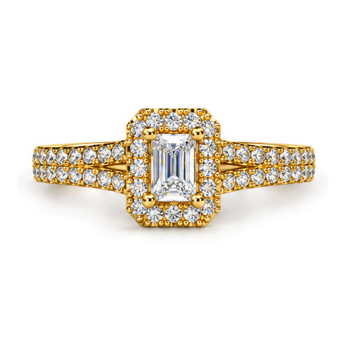 Emerald Cut Moissanite Halo Split Shank Engagement Ring — 925 Sterling Silver, 18K Gold Plated