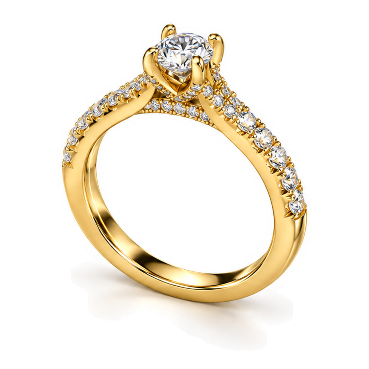 Round Moissanite Solitaire Engagement Ring with Pavé Band — 925 Sterling Silver, 18K Gold Plated
