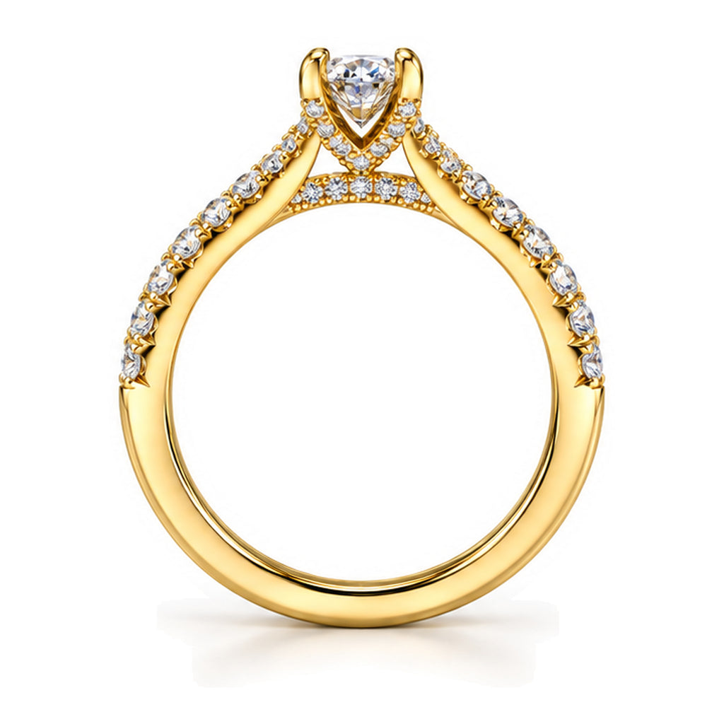 Round Moissanite Solitaire Engagement Ring with Pavé Band — 925 Sterling Silver, 18K Gold Plated