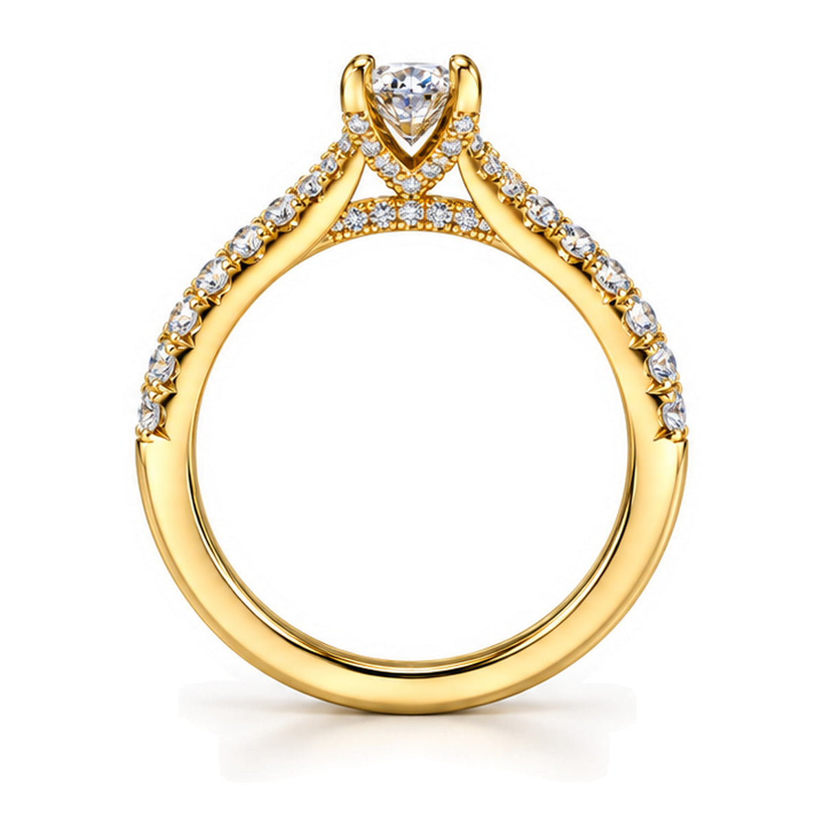 Round Moissanite Solitaire Engagement Ring with Pavé Band — 925 Sterling Silver, 18K Gold Plated