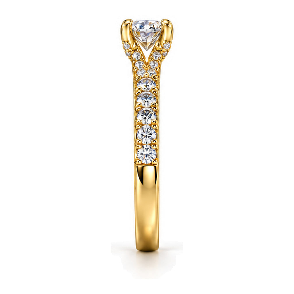 Round Moissanite Solitaire Engagement Ring with Pavé Band — 925 Sterling Silver, 18K Gold Plated
