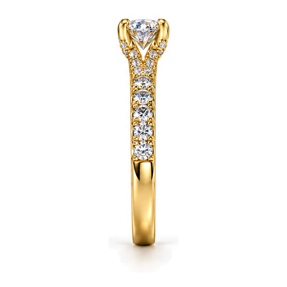 Round Moissanite Solitaire Engagement Ring with Pavé Band — 925 Sterling Silver, 18K Gold Plated