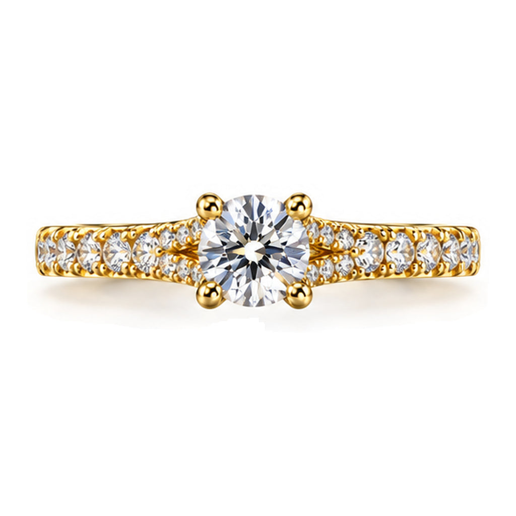 Round Moissanite Solitaire Engagement Ring with Pavé Band — 925 Sterling Silver, 18K Gold Plated