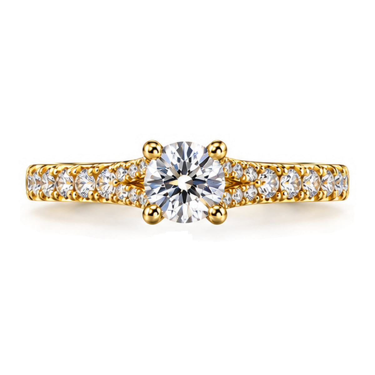 Round Moissanite Solitaire Engagement Ring with Pavé Band — 925 Sterling Silver, 18K Gold Plated