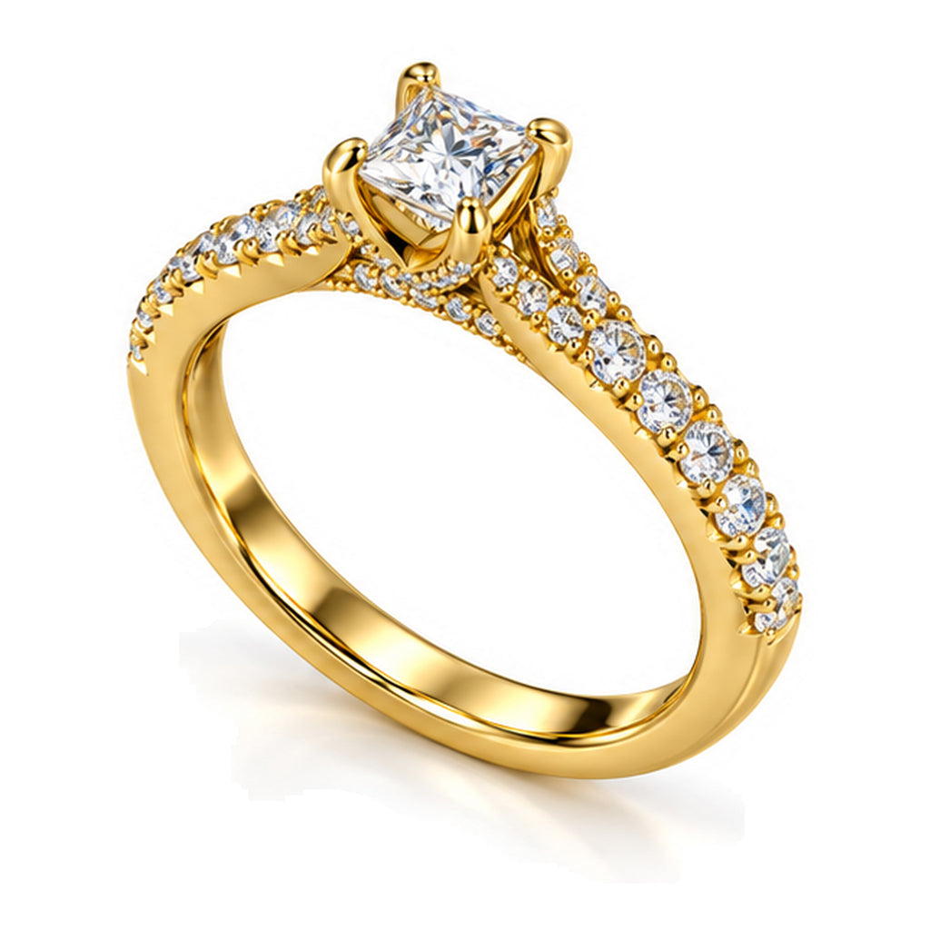 Princess Cut Moissanite Solitaire Engagement Ring with Pavé Band — 925 Sterling Silver, 18K Gold Plated