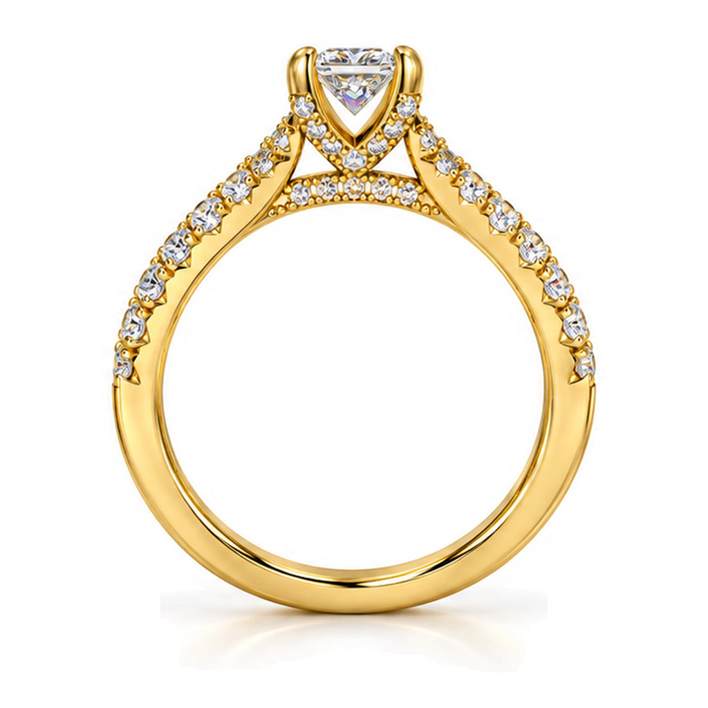 Princess Cut Moissanite Solitaire Engagement Ring with Pavé Band — 925 Sterling Silver, 18K Gold Plated