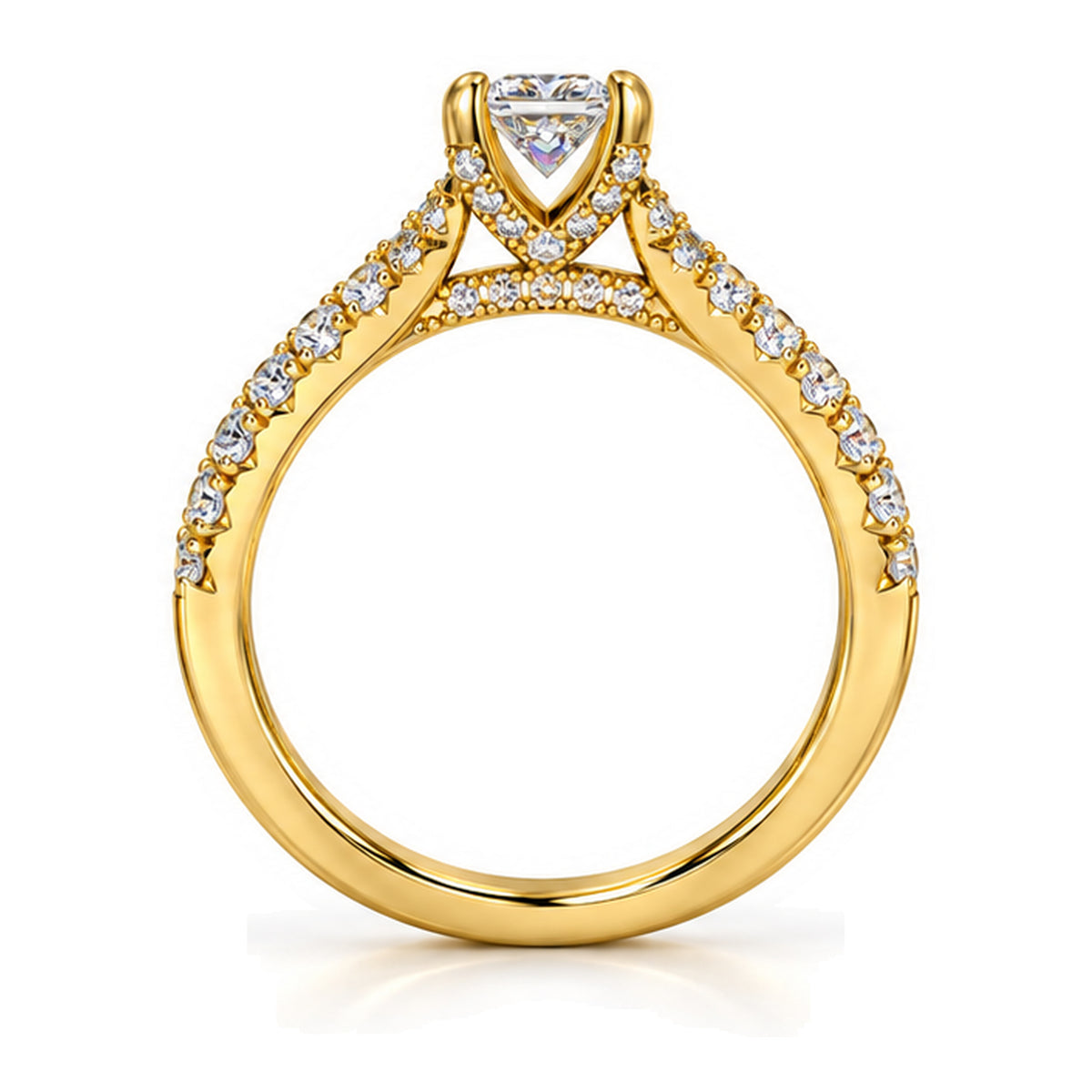 Princess Cut Moissanite Solitaire Engagement Ring with Pavé Band — 925 Sterling Silver, 18K Gold Plated